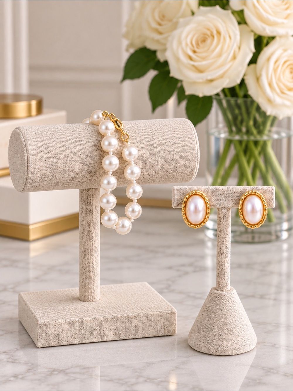 Gold and White Pearl Bracelet with Matching Vintage Pearl Stud Earrings
